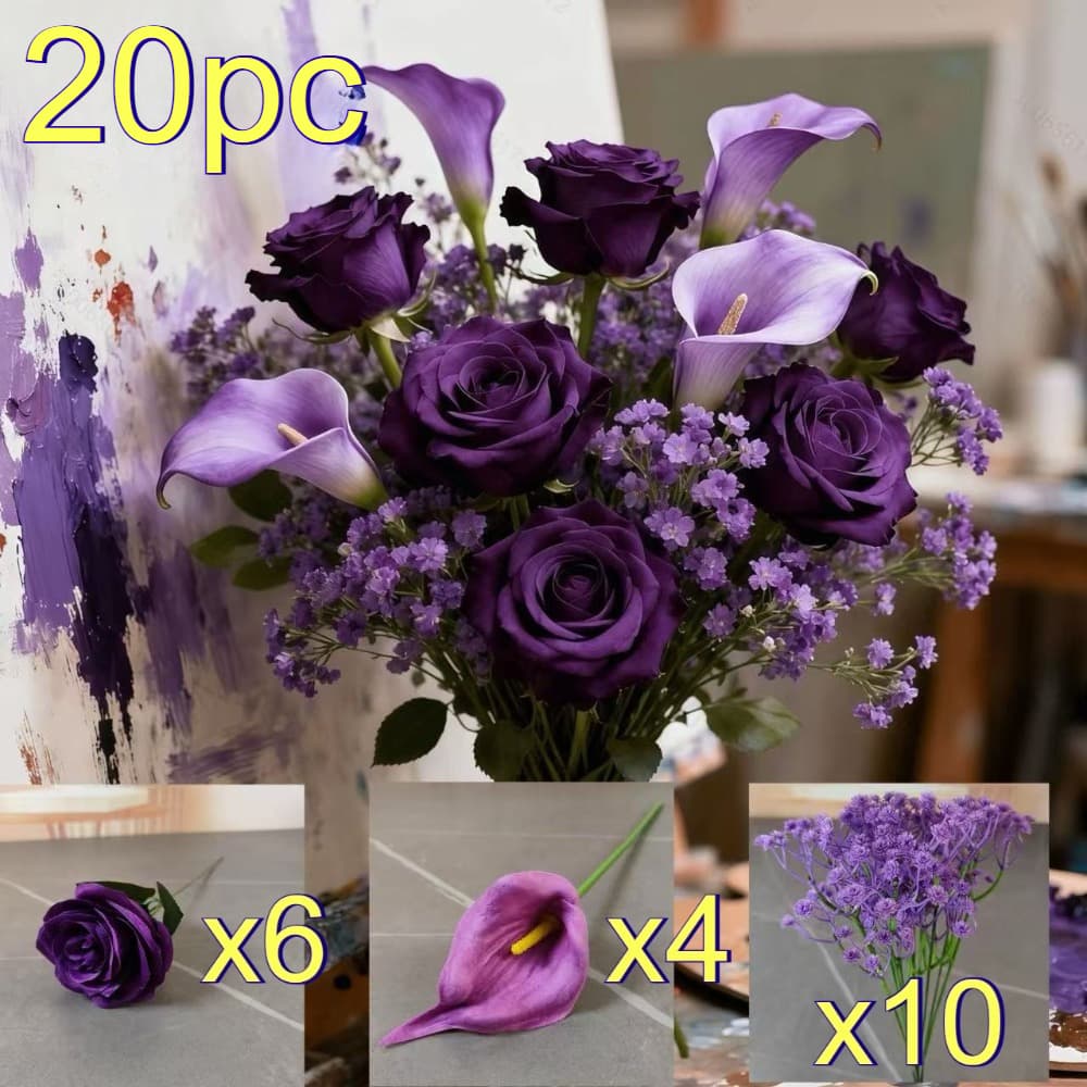 TEMU 20pcs New Purple Flower Bouquet, Simulated Rose Moisturizing Touch, Horseshoe Lotus Combination, Starry Sky Mixed And , Versatile Wedding Decoration Bouquet
