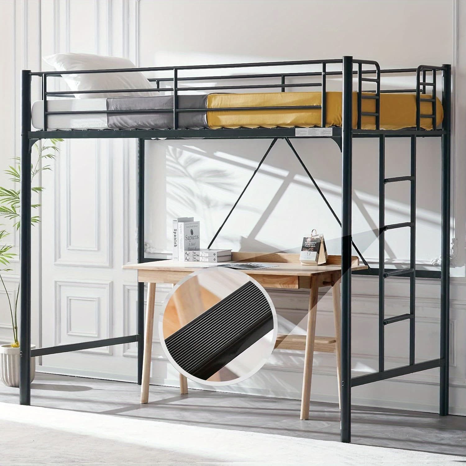 TEMU Heavy Duty Metal Loft Bed Twin Size With Safety Guard Rails & Flat-step Ladder - Space-saving Design For Dorm Apartment And Bedroom - Compact Single Bed Frame For Small Spaces, Black