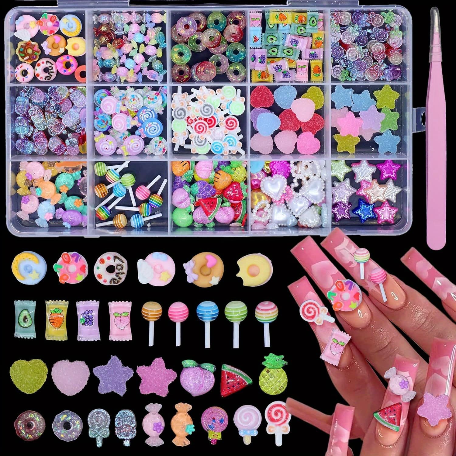 TEMU 3d Charms, Lollipop Charms, Mixed Color Cute Gummy Bear Fruit Donuts Nail Charms, Cartoon Nail Art Charms For Crafts Additions