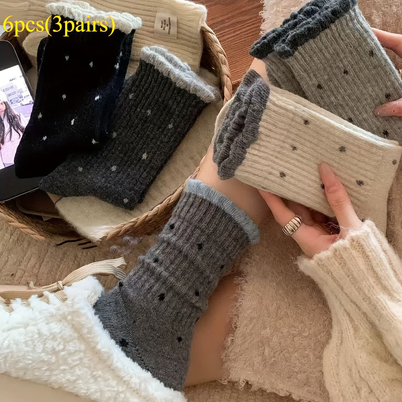 TEMU 6pcs (3pairs) Socks Ladies Socks Joker Gentle Lace Long Retro Dopamine Pile New Wide Mouth, Spring And Summer Casual Socks, Random Color