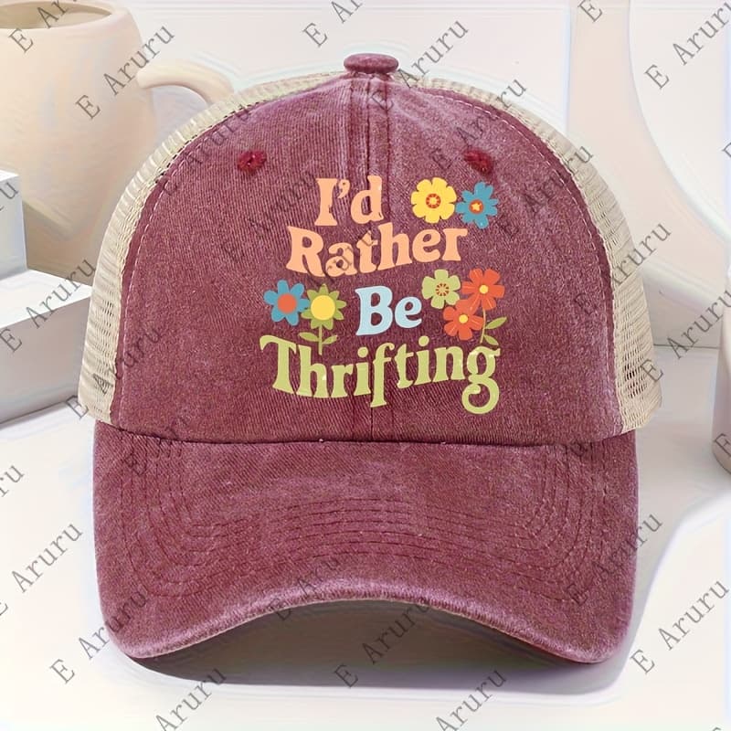 TEMU 1pc Vintage Washed 'i'd Rather Be ' Printed Baseball - Fashionable Outdoor Sports Sun Hat Ideal Gift With Adjustable Strap- Breathable Mesh Back