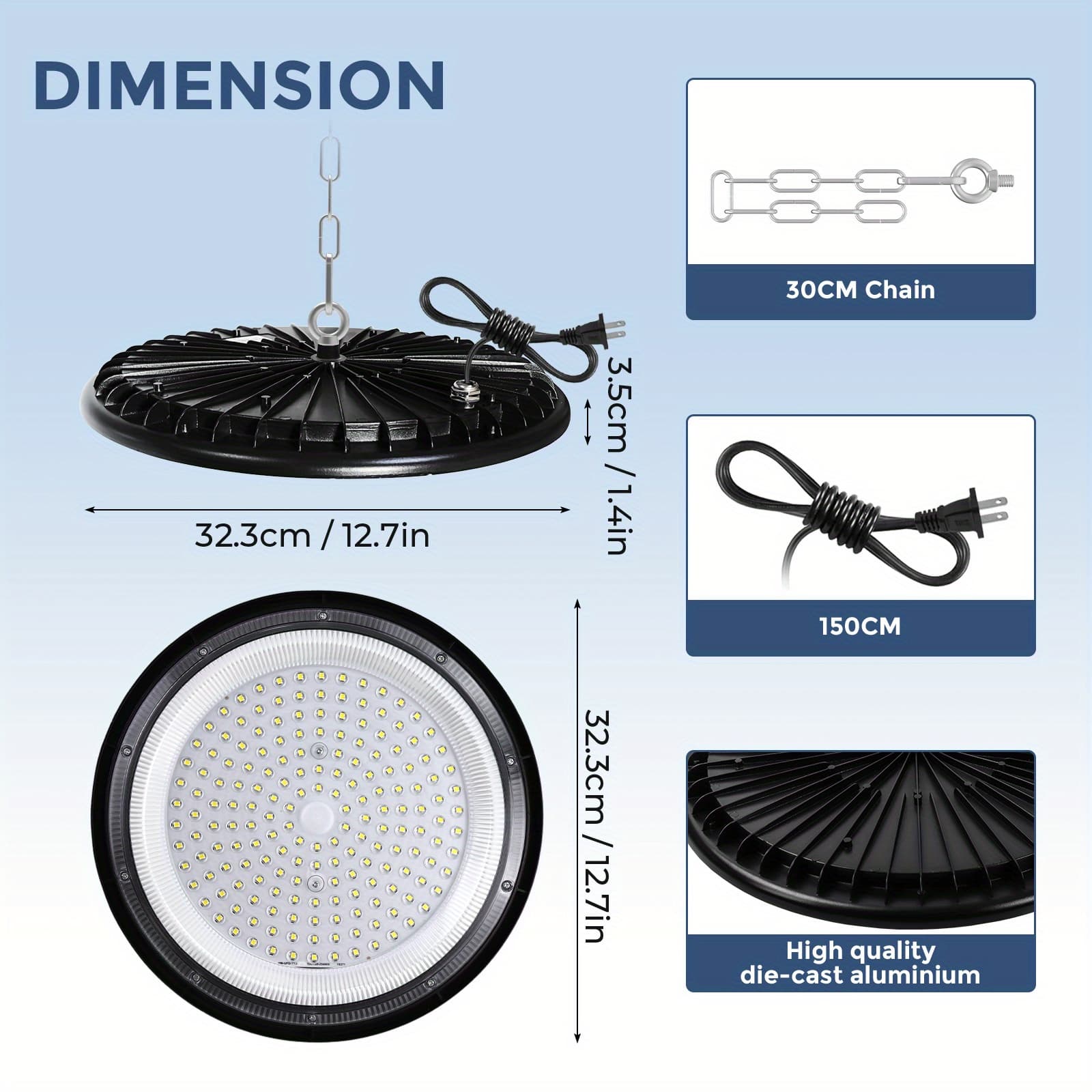 TEMU 300w Ufo Led High , 120° Angle, 6500k Cool White, 28000 , Matte Black Aviation With Cooling Fan - Semi-recessed Mounting, Suitable For , Garages, Industrial , , Barns, High-efficiency Heat