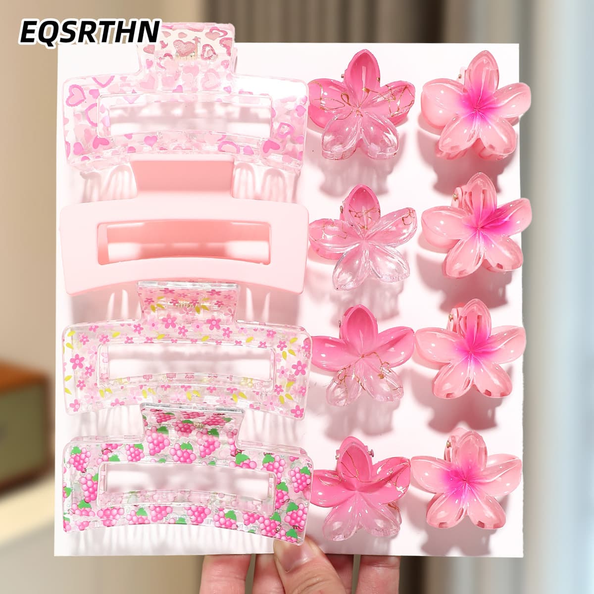 TEMU 12pcs [cherry Accessories Set] Transparent Cherry Printing Large Grab Clip Stereo Cherry Small Hairpin Combination Powder Multiple Versatile Styling Daily Commuting/dating Hair Accessories