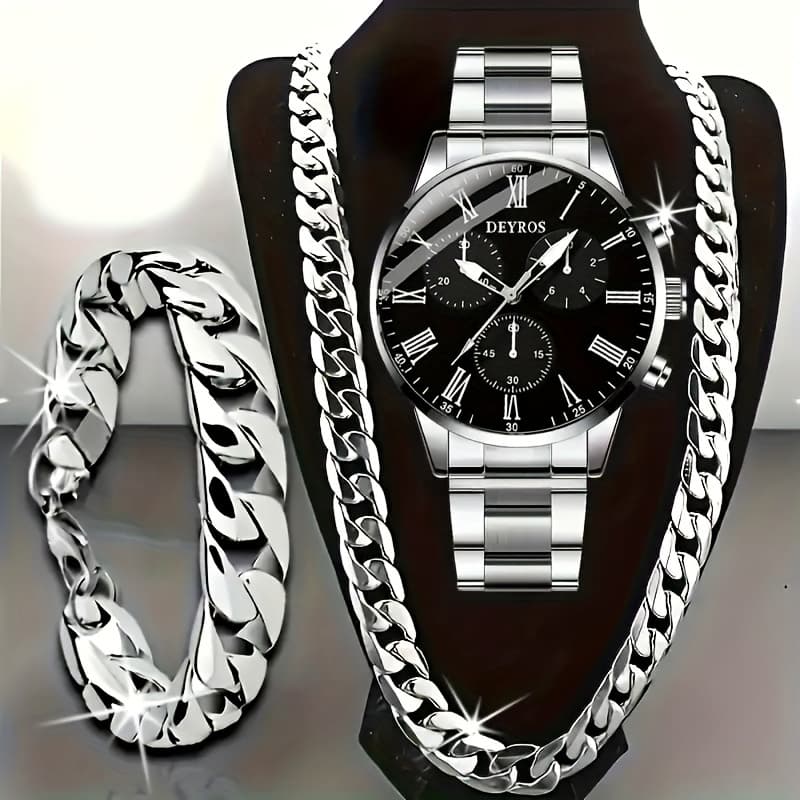 TEMU 3pcs Men's Watch And Necklace Bracelet Set - Quartz Movement, Business Watches, Casual Watch For Men Gifts