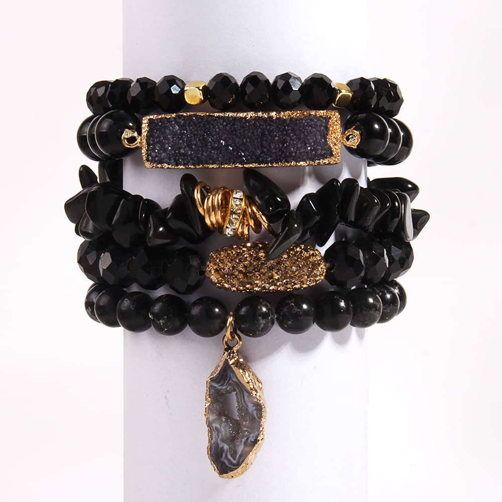 TEMU Bohemian Layered Women's Jewelry Set- 5pcs Natural Stone And Glass Beaded Elastic Bracelets, Or Gifting