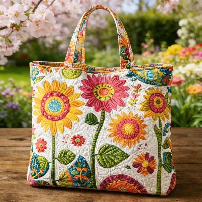 TEMU Bohemian Sunflower Quilted Handbag, Unisex Style, Perfect For Travel, Vacation, And Daily Shopping