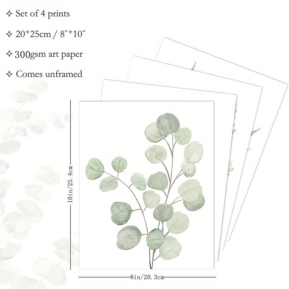TEMU Boho Bathroom Decor Botanical Wall Art Prints, Unframed Sage Decor For Bedroom|office, Minimalist Eucalyptus Leaves Watercolor Art Prints, Set Of 4 Pictures, 8"x10"