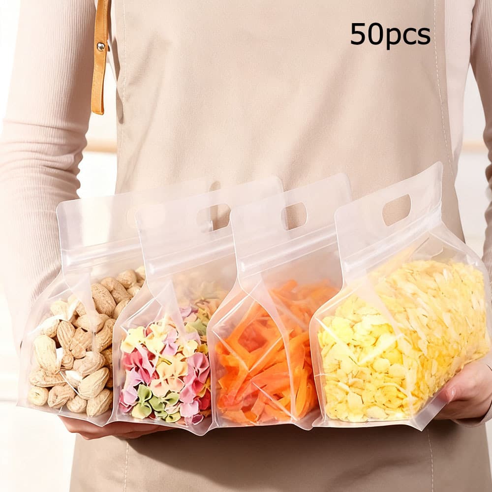 TEMU 50pcs Reusable Self-sealing Food Storage Bags - Transparent, Thickened Plastic Zip Pouches For Snacks, Tea, - Durable Kitchen Organizer