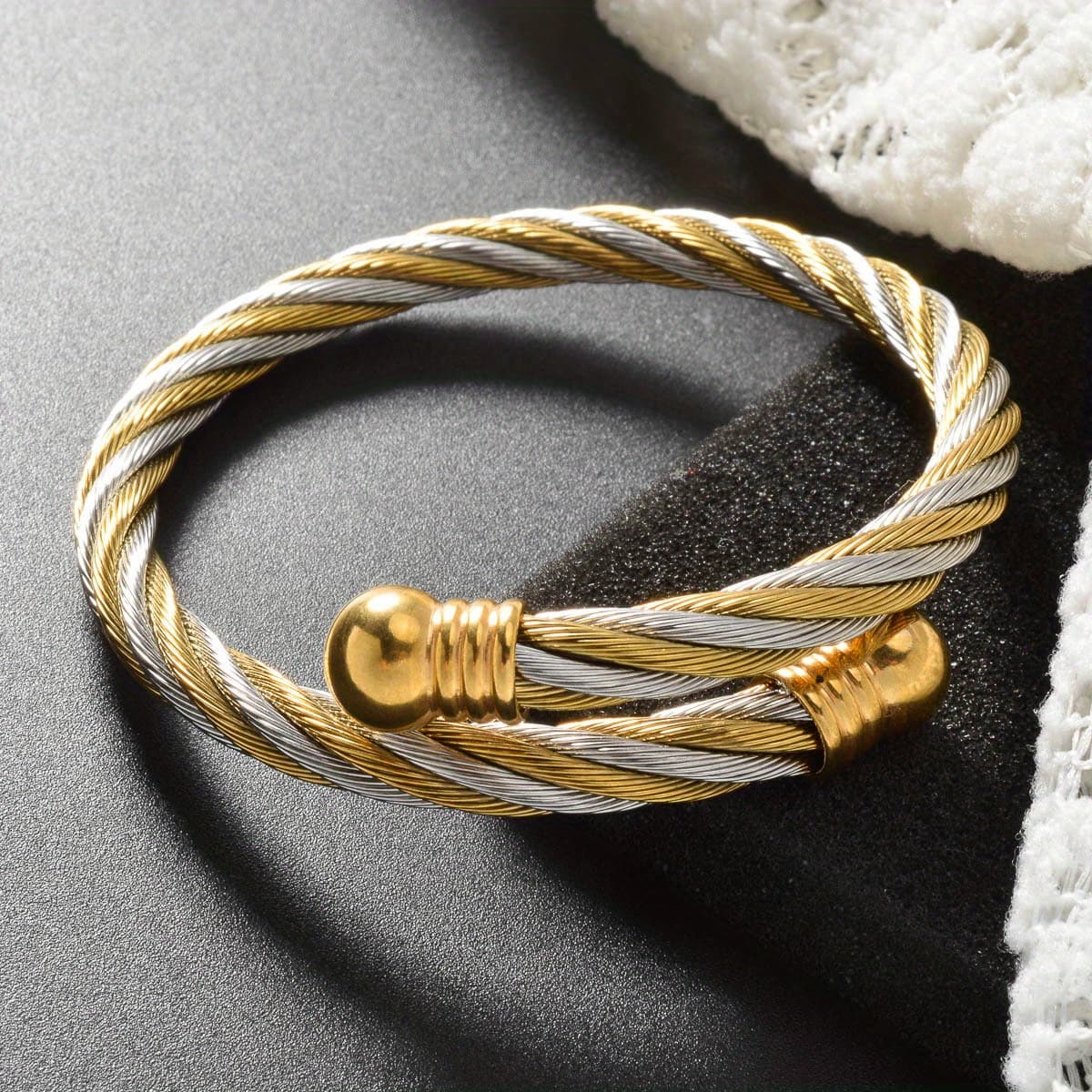 TEMU 1pc Vintage-inspired Stainless Steel Bangle For - Dual-tone Twisted Cable Design With Sleek Golden Accents, Perfect For Casual Attire Or Special Occasions, Vintage Jewelr