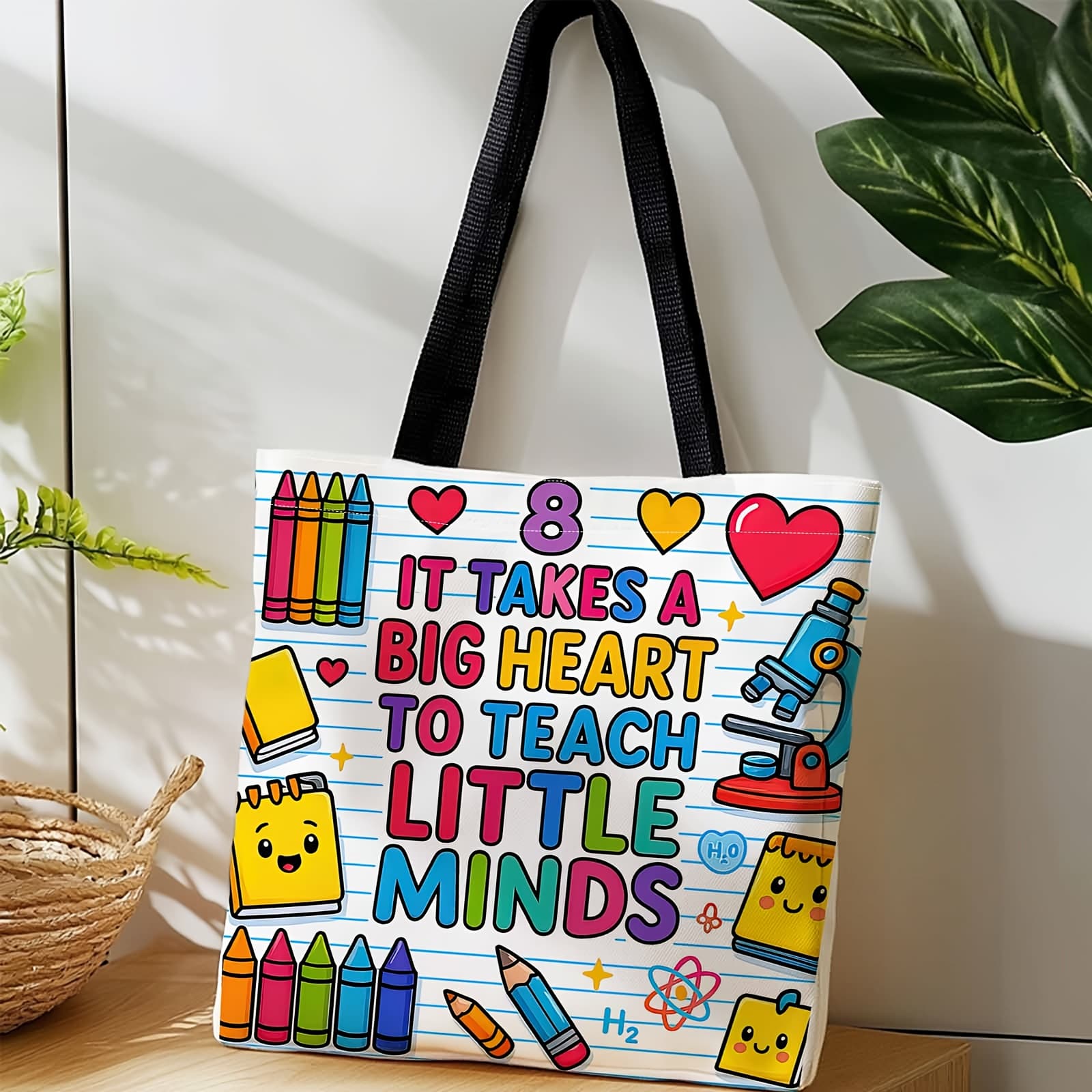 TEMU 1pc Teacher-themed "it A Big Heart To Little " Printed Tote Bag, Large Capacity And Reusable, Suitable For Shopping / Commuting / Campus Work / Outdoor / Use, Vibrant Style, Versatile Design