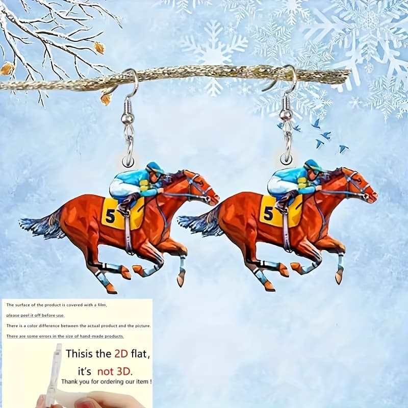 TEMU 2d Flat, A Pair Of 2d Flat Acrylic Horse Racing Athlete Pendant Earrings, Cute Gift For Women, Suitable For Holiday Parties And Gifts, 2d Flat