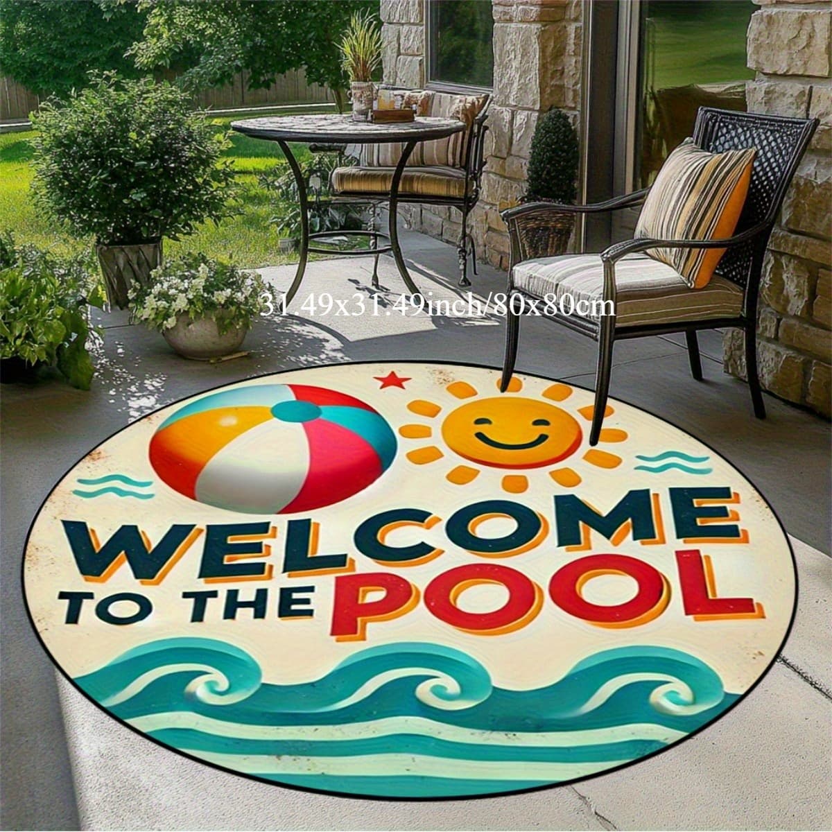 TEMU Hkstorage Welcomes You To The Pool With A Vibrant Summer Round Mat Featuring Waves And Sun Patterns. Made Of 100%, Suitable For Indoor And Outdoor Use, Perfect For Patios, Living Rooms, Bedrooms