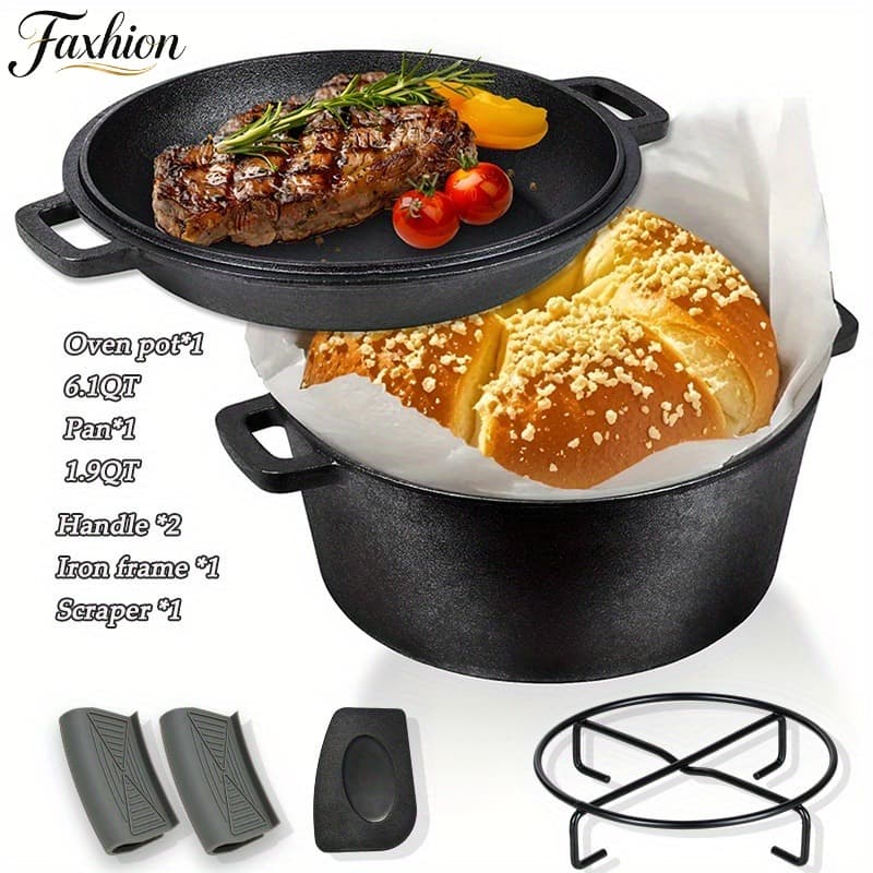 TEMU Faxhion -one Cast Iron Dutch Oven Set-6.1qt+1.9qt Frying Pan Cover- Camping Cooker And Barbecue Frying Pan, Suitable For Family , 2 Silicone Handles, And Scraper-oven, Stove And Barbecue.