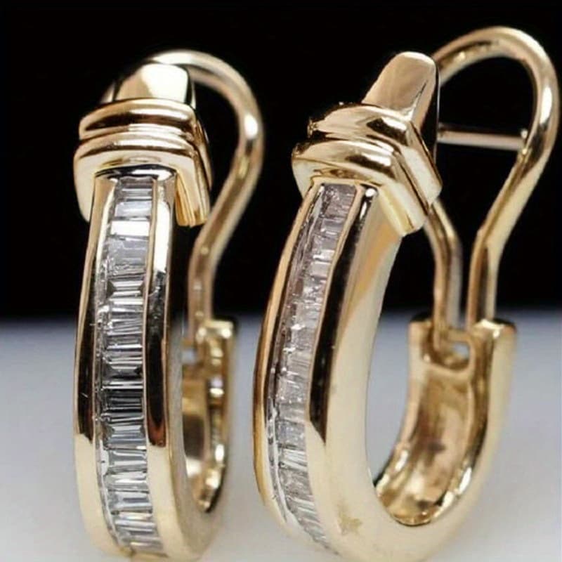 TEMU 1 Pair Elegant Golden-tone Geometric Horseshoe Hoop Earrings With Clear Inlay - Chic Retro Style, Copper Inlaid Synthetic Zirconia Perfect Gift For Women, Vintage Earrings