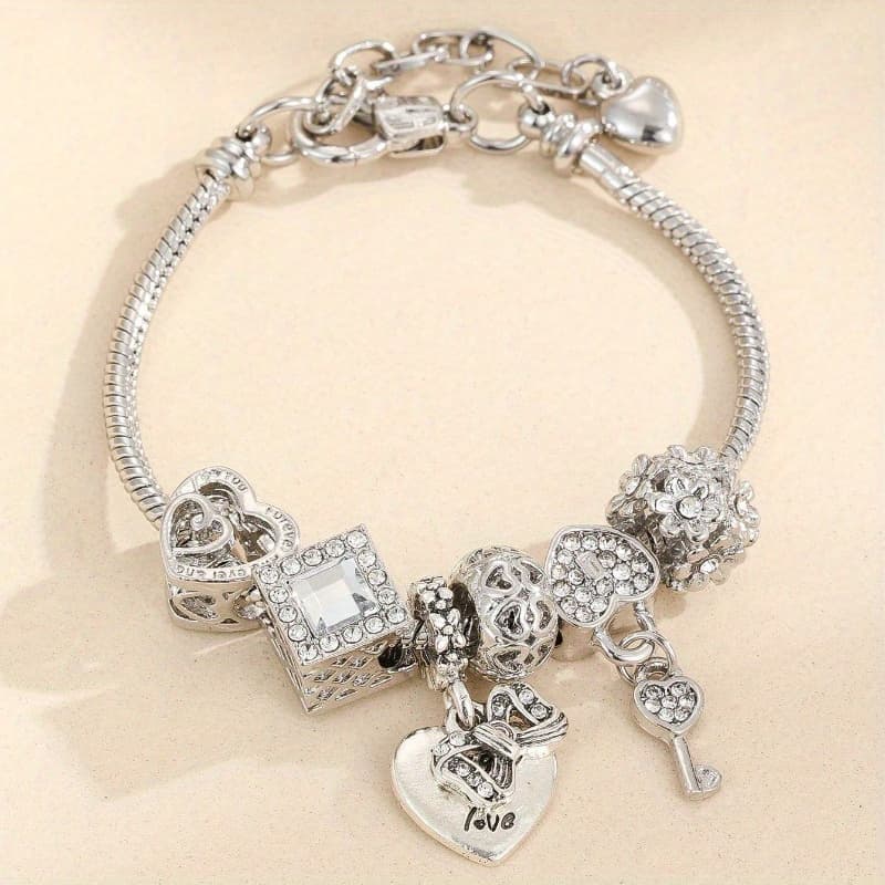 TEMU Elegant Stainless Steel Charm Bracelet With Heart& Key Charms- Versatile For & Special Occasions, Everyday Accessory||comfortable Wear