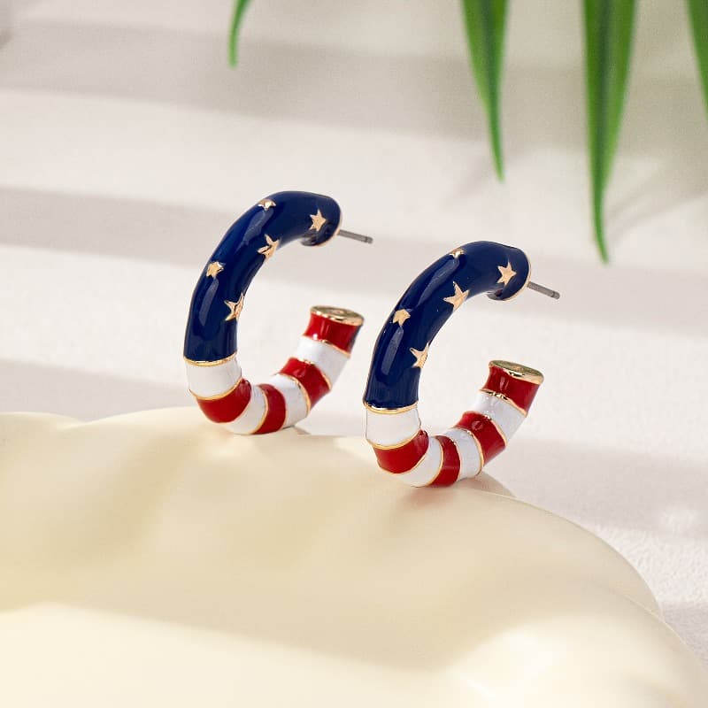 TEMU A Pair Of Simple And Elegant Red, White, And Blue Color-block Drip-glaze Bamboo Knot Pentagram C-hoop Women's Fashionable Hoop Earrings, Versatile For American Day Party Gifts