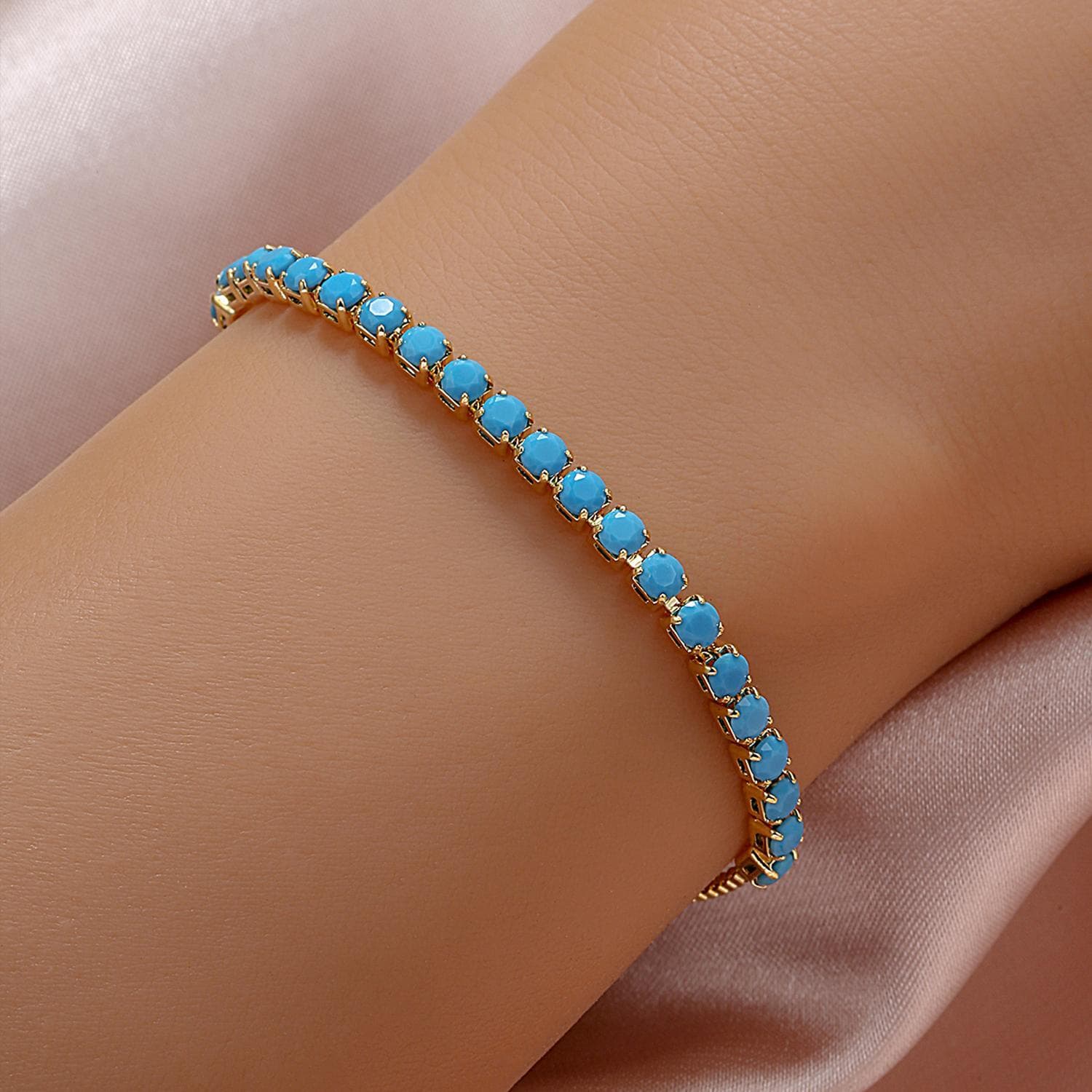 TEMU Fashionable Light Luxury Single Row Turquoise Elastic Adjustable