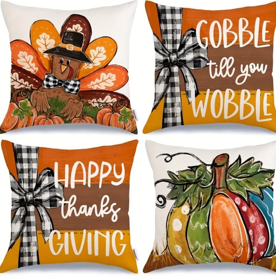 TEMU 4pcs Pillowcase Set - Features Till You Wobble Turkey, Happy Thanksgiving, And Fall Leaves - Durable Polyester, Zipper Closure, Sofa And Chair Decor, 17. 7x17. 7 Inch, (without Insert)