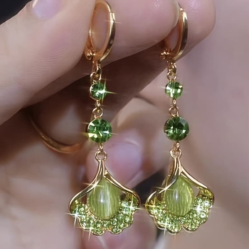 TEMU Elegant Green Ginkgo Leaf Tassel Earrings For Women - Luxurious Alloy With Glass Accents, Perfect Fashion Accessory & Gift