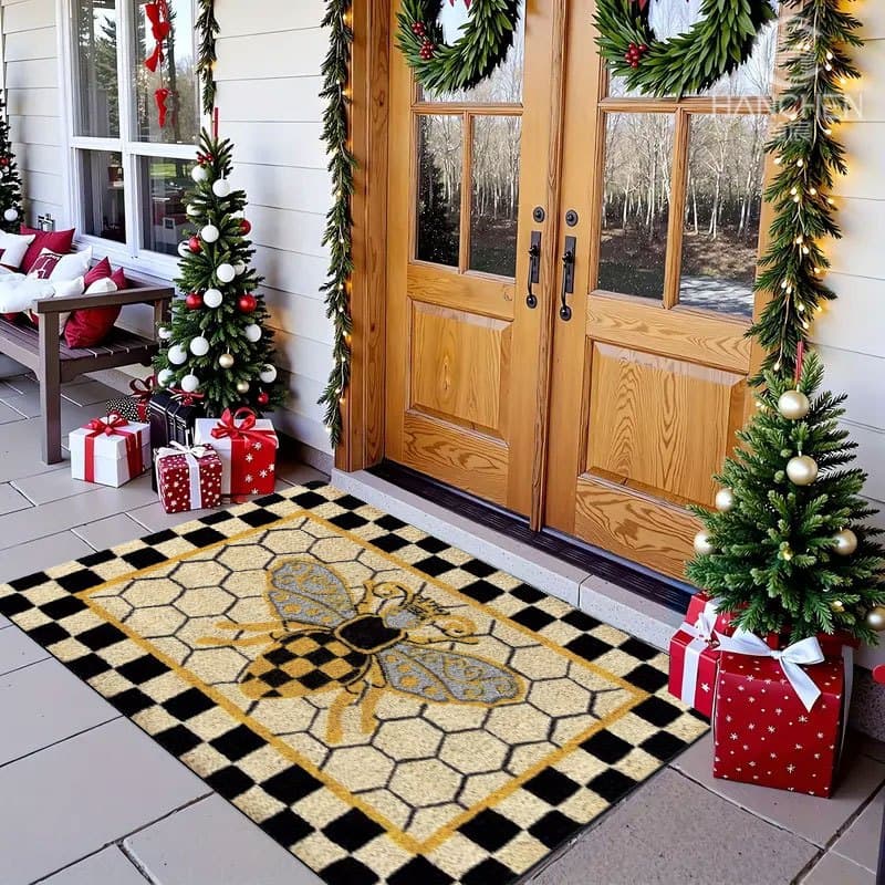 TEMU 1pc Indoor Entrance Welcome Doormat {elegant Bee With Honeycomb And Checkered Pattern} Flannel Nonslip Comfortable Easy For Bedroom Living Room Or Home Decor Door Mat Ideal For Christmas Holidays