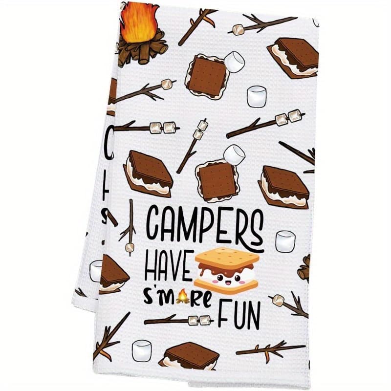 TEMU -themed Kitchen Towel - 1pc 18x26 Inch, Super Soft Woven Polyester Dish Cloth, Machine Washable, Oblong Shape With Camping & Fireplace Design For Camping Enthusiasts & Girl