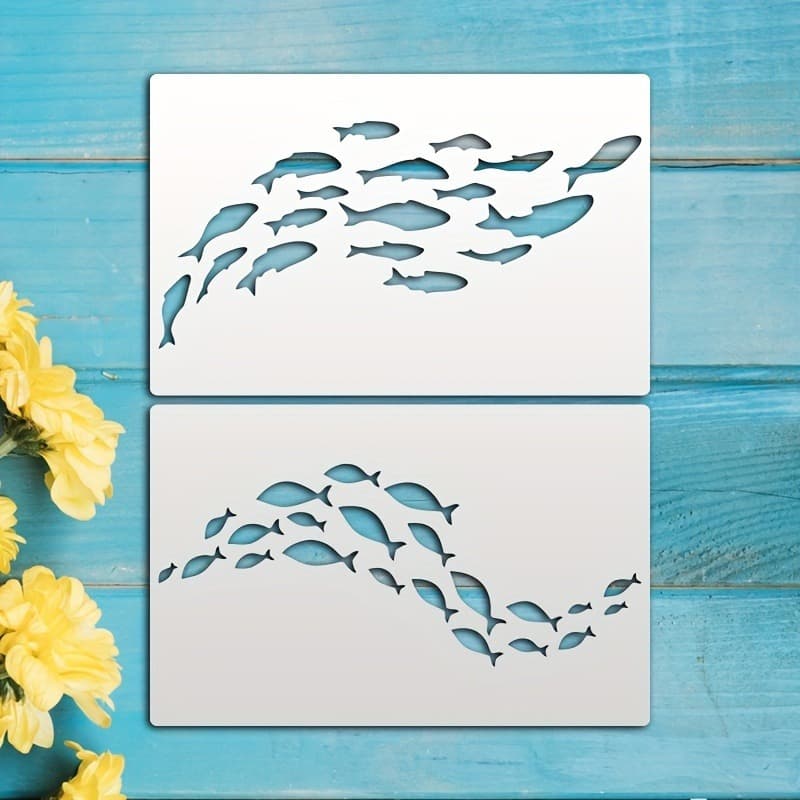 TEMU Fish School Template Set - A Pack Of 2 Reusable Painting Templates For Decorations And Craft Projects, Made Of Milky White Pet Material.