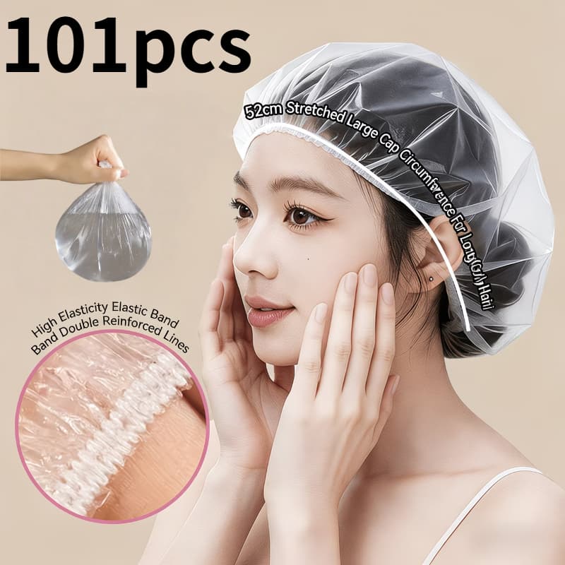 TEMU 101pcs Disposable Stretchable Transparent Shower Caps | For Deep Cleaning, Suitable For Kitchens, Hair Salons, Spas, Travel, And Gyms, Essential For Trips