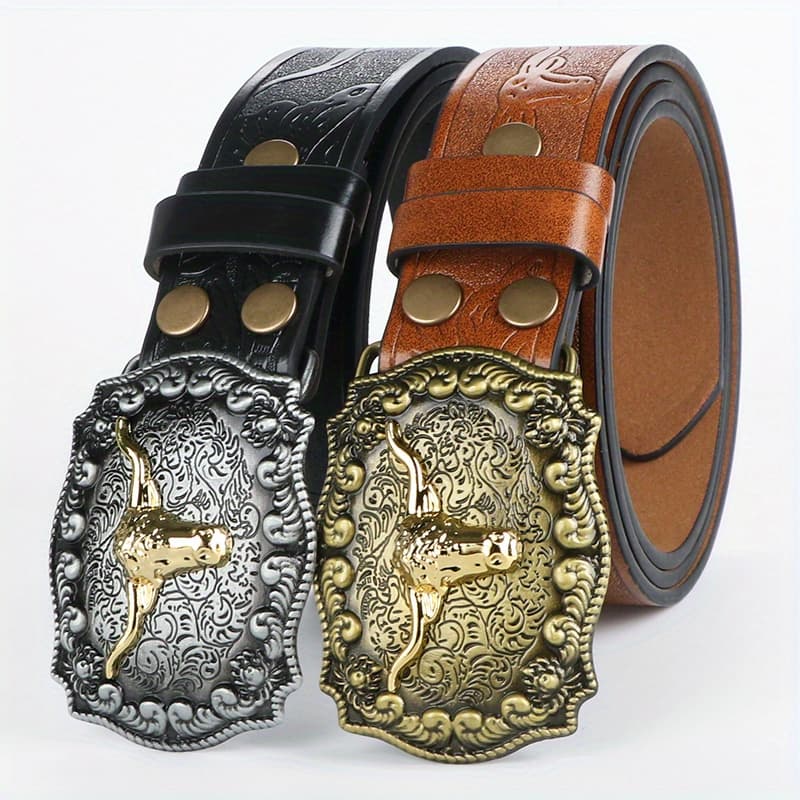 TEMU 2pcs Men's Western Cowboy Longhorn Pattern Engraved Embossed Belt, Outdoor Belt, For Daily Life, , Party Festival