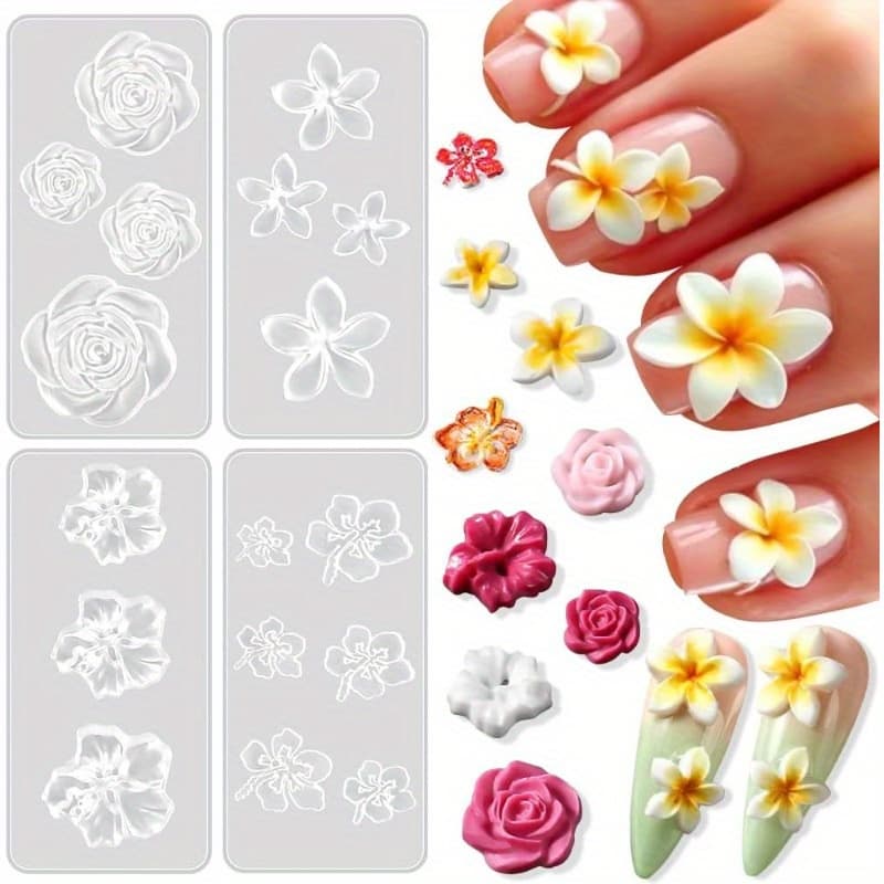TEMU Set Of 4 Molds For Flower Nail Decorations, Including 3d Gel Like Plumeria, Cherry , Rose, And . Ideal For Floral Nail Stencils And Nail Charms