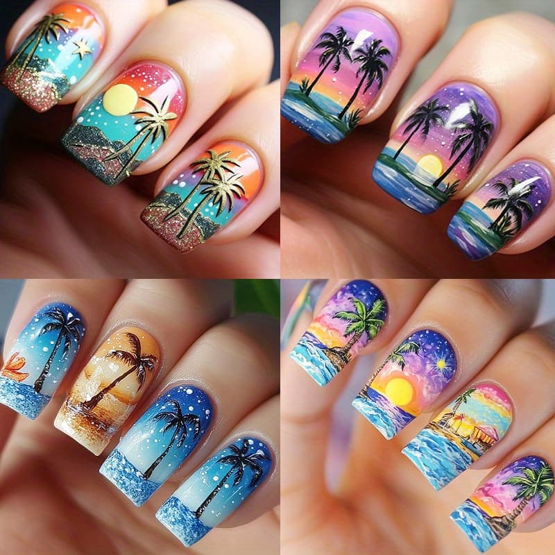 TEMU 96pcs (4pcs) Summer Press On Nails Short Square Acrylic Full Cover Fake Nails With , Sunset & Palm - Glossy / Beach For Women, Stick On Nails For Summer Manicure