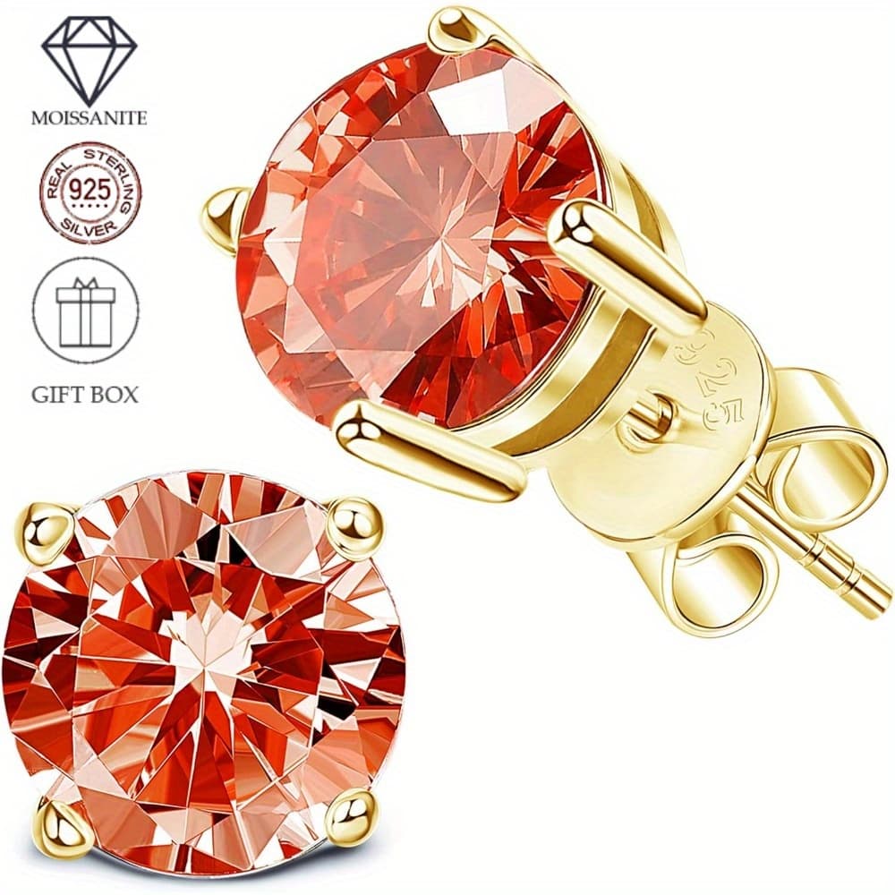 TEMU Red Earrings 2ct Moissanite Stud Red Color Vvs1 Solitaire Round Cut Earrings 18k Gold Plated Plated S925 Sterling 925 Silver For Women Men