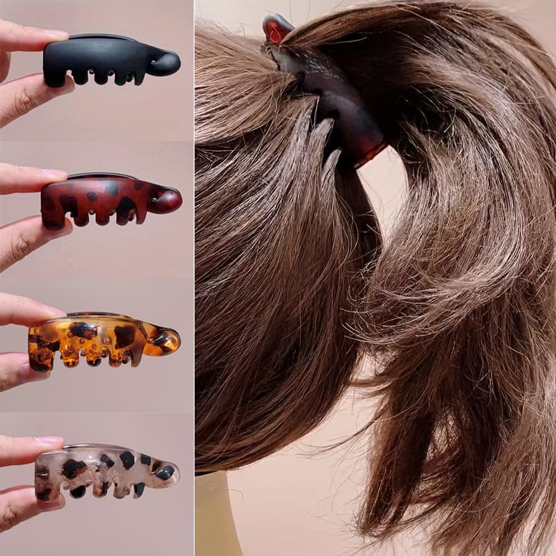 TEMU 2pcs Random Color Women's Non-slip Banana Hair Clip, Women's Thin Hair Claw Clip, End Claw Clip - Retro Leopard Print, Amber And Black, Suitable For Secure Ponytails, Buns And Curly Hairstyles