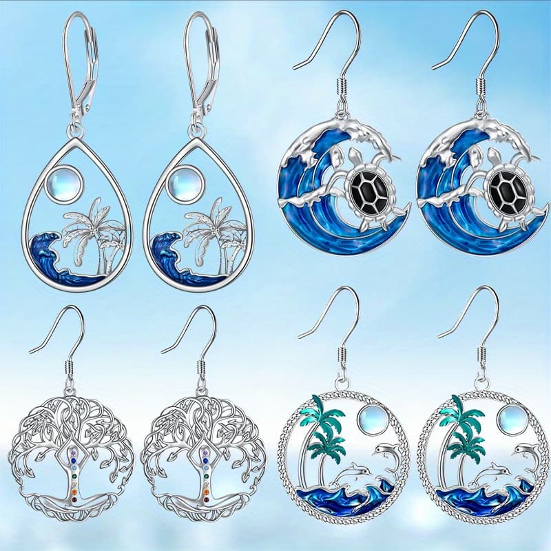 TEMU 4 Pair/set Creative And Fashionable Coconut Tree Pendant Sea Turtle Pendant Life Tree Pendant Dolphin Pendant Earrings Anniversary Gift Festival Party Birthday Gift Jewelry