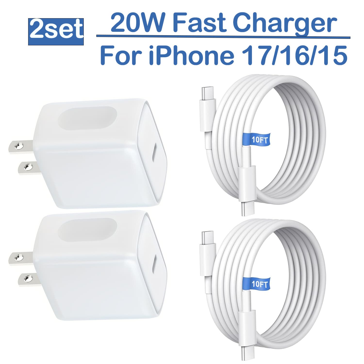 TEMU 4/3/2/1 Set For Iphone 17 Charger Fast Charging, 20w Usb C Charger Block & 10ft Fast Charging Cable Compatible With Iphone 17/17 Air/17 Pro/17 Pro Max/16/15 Series/ipad Pro And More