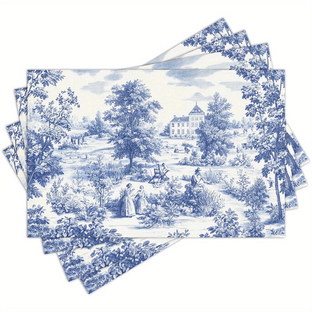 TEMU 4pcs French Country Placemats Suitable & Dining Table - Vintage French Toilet Pattern Table Mats With Farmhouse Decor, Hand Washable Tableware For Home & Party Decorations