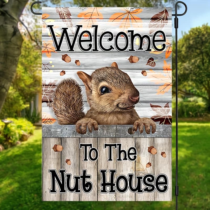 TEMU 1pc, Welcome To The Flag Cute Squirrel Fall Garden Flag Autumn Outdoor Lawn Decor Porch Sign Vertical Burlap Banner Double Sided Waterproof House Flag 30.48*45.72cm