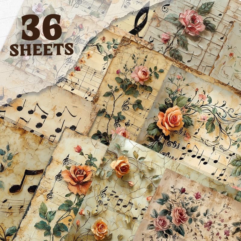 TEMU 36 Vintage Hand-painted Roses And Notes Decorative Art Paper, Decorative Paper Suitable For Background Decoration, Rubbish Diary, Handmade And