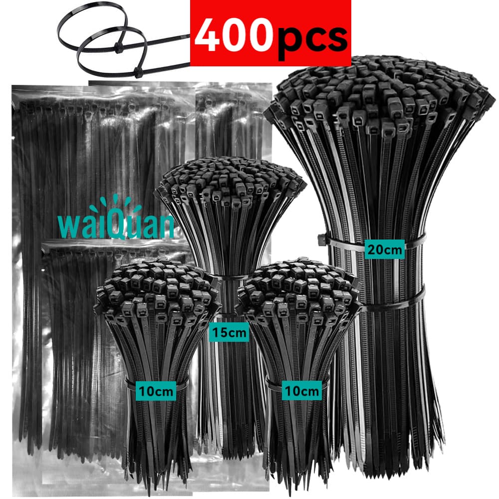 TEMU 400pcs Black Zip Ties Assorted Sizes 4+6+8inch, Walquan Self-locking Nylon Cable Tie, Wire Tie Perfect For Home, Garden Trellis, Office, Garage And Workshop.