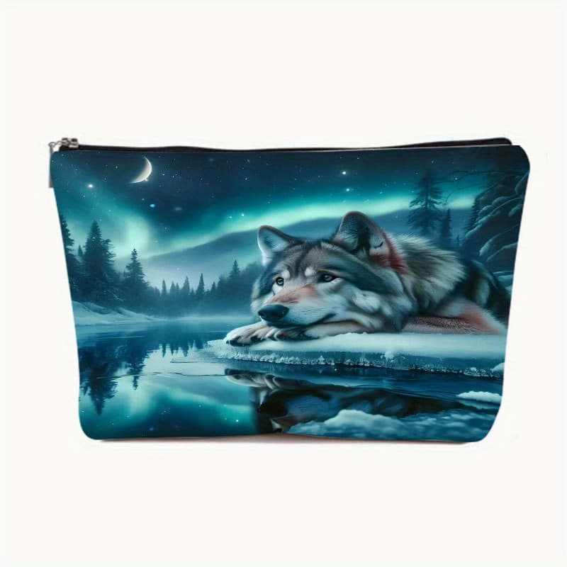TEMU 1pc Wolf , Polyester Makeup Bag With Safety Zipper, Travel Cosmetic Bag, Light-colored Makeup Bag, Multi-functional Cosmetic Bag, Toiletry Bag