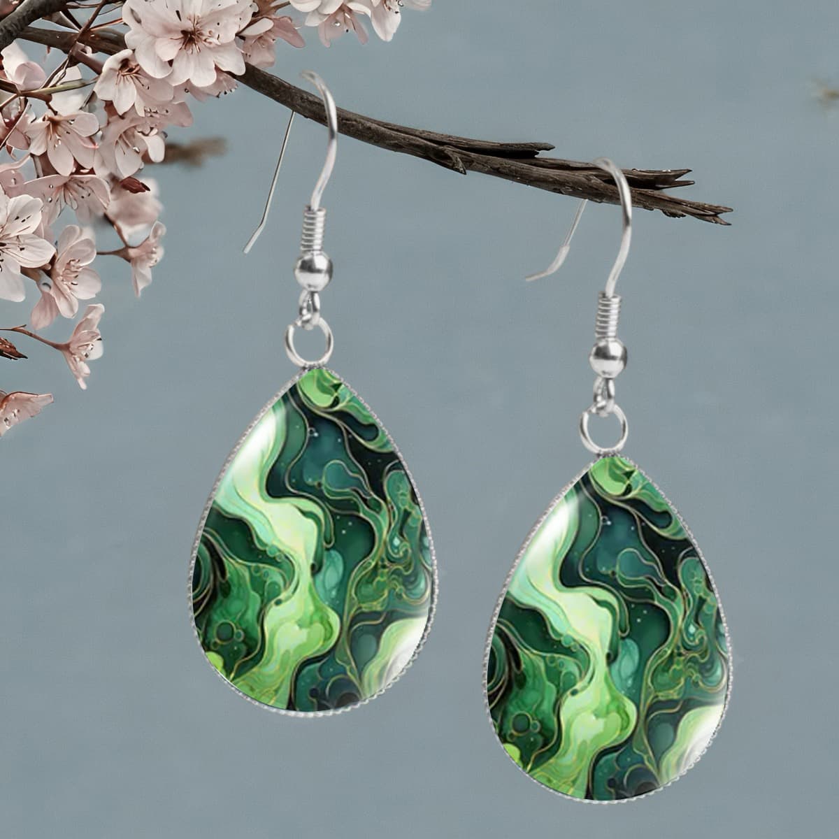 TEMU 1 Pair Of Green Marble Swirl Pattern Earrings, Natural And Unisex Design For Vacation Or Daily Wear – Perfect Birthday & Holiday Gift