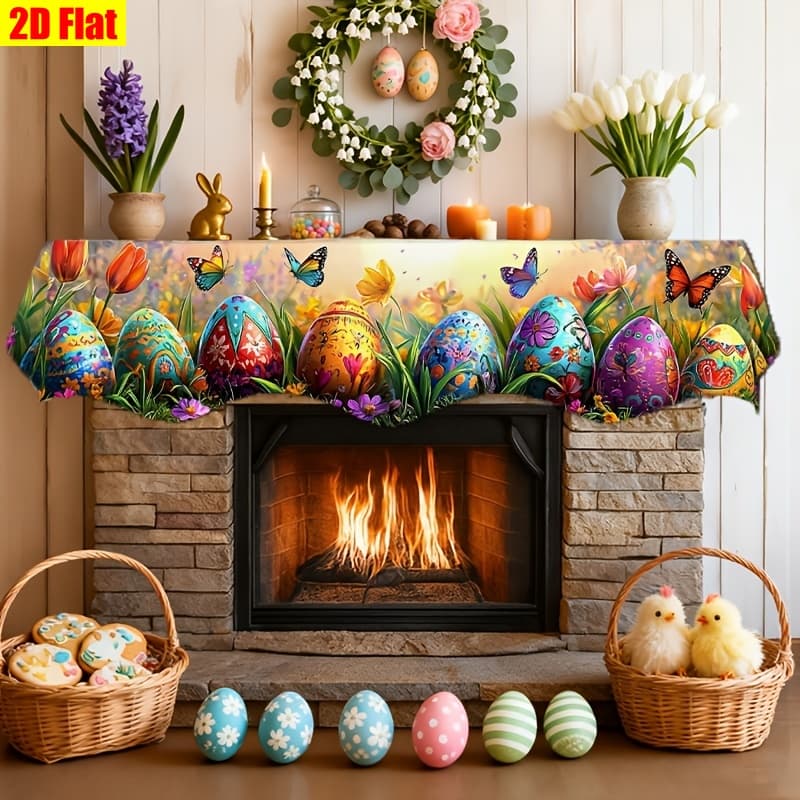 TEMU 2d Flat Easter Fireplace Mantel Scarf | Eggs, Tulips, , Butterflies , Polyester, 78.7x19.6 Inches, Living Room Kitchen Mantel Decoration, Easter Home Decor, Holiday Fireplace Decoration