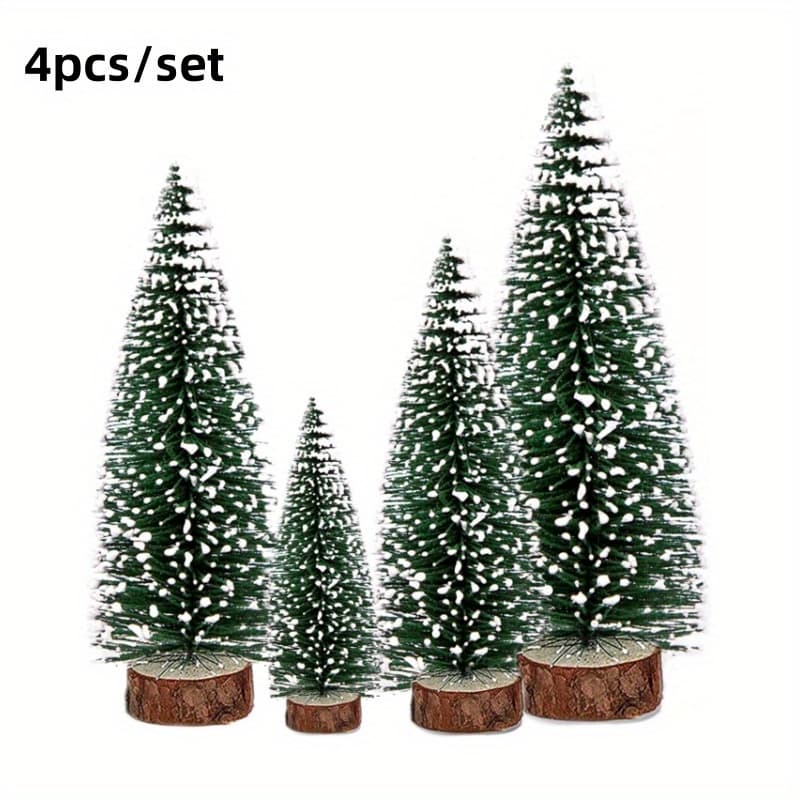 TEMU Set Of 4 Miniature Snow- Pine Trees - Plastic Decorative Trees With Wooden Stands For Holiday Decor