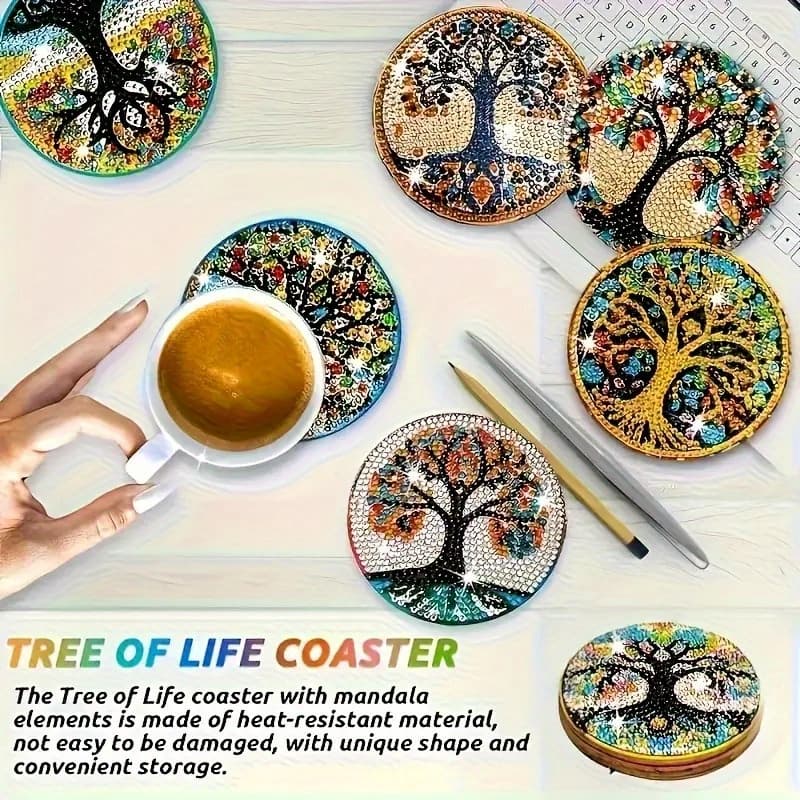 TEMU 8pcs Tree Of Life Diamond Painting Coaster Set, Diy Wooden Mosaic Embroidery, Round Diamond Plant Theme, Suitable For Beginners And Adults, Gift