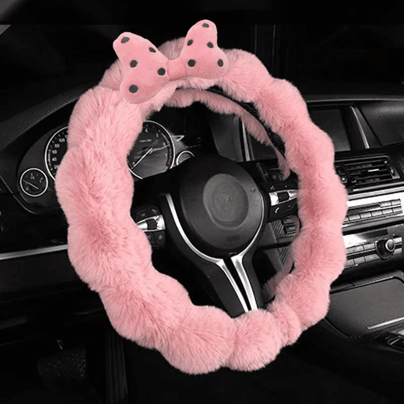 TEMU 1pc Of A Polka Dot Velvet Steering Wheel Cover, Made Of Synthetic Velvet, Perfect For Keeping Your Hands Warm During The Autumn And Winter , Suitable For All Genders