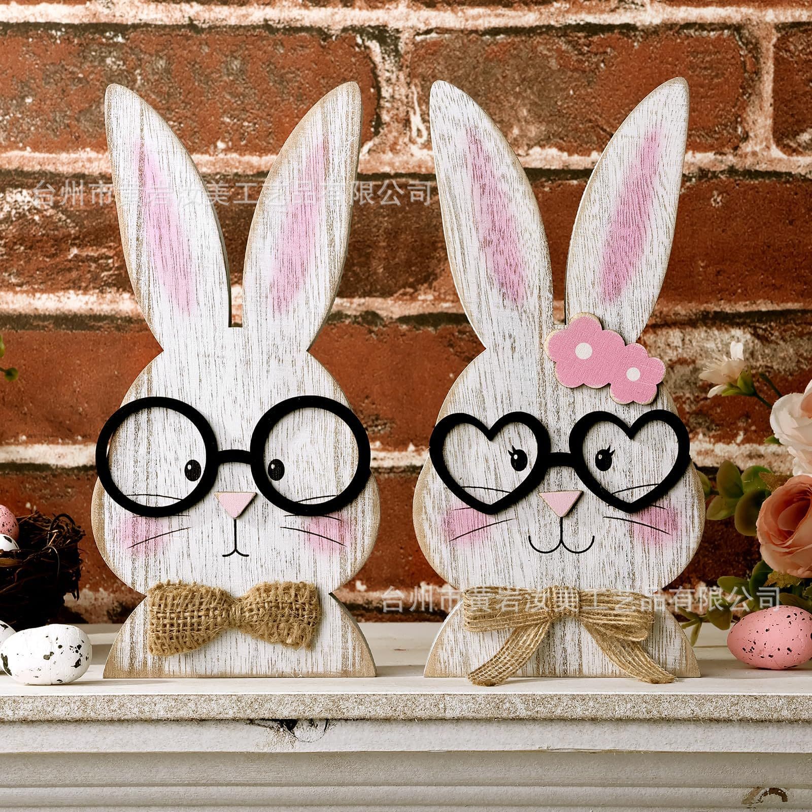 TEMU Easter Bunny Couple - Nordic Style Ornament With Glasses-wearing Bunnies, Spring Table Centerpiece & Shelf Decoration, Craft Statues For Easter Eggs Hunt Decor