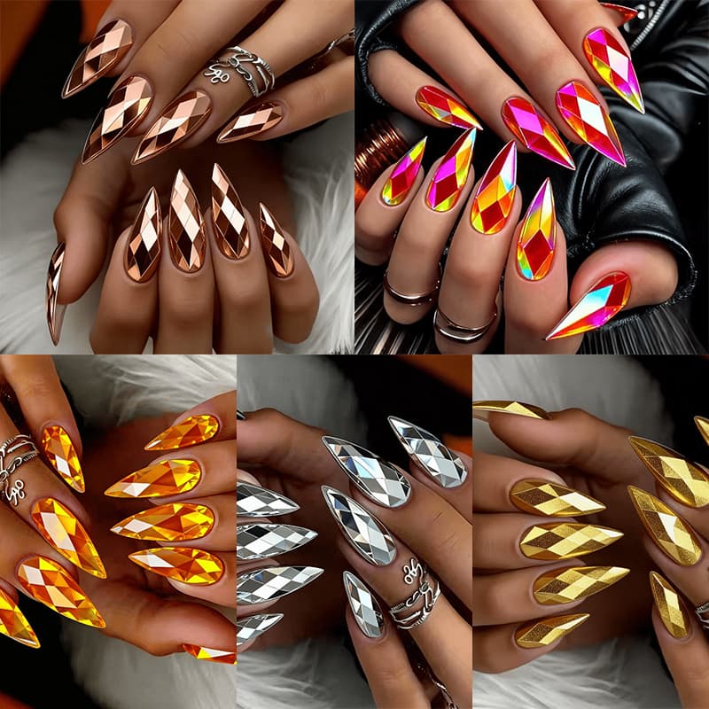 TEMU 120pcs Long Almond Round-head Press-on Nails | 3d Rhombus Electroplated Metallic Glossy Color Block Nails | Fashion Western Style Nails For Women's Banquets And Daily Use