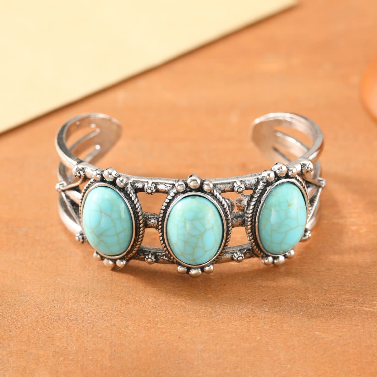 TEMU Bohemian Synthetic Turquoise Inlaid Hollow-out Design Round Ball Accessory Bangle Vintage Pattern Engraved Party Matching Fashion Women's Jewelry