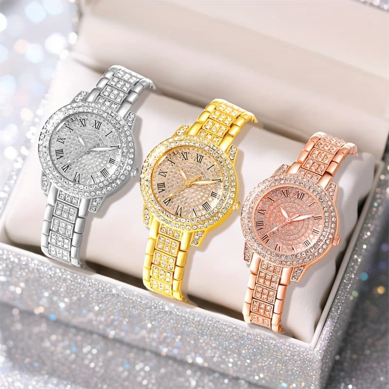 TEMU Set Of 3 Women's Stylish Quartz Watch Featuring Roman , Sparkling Crystals, And Alloy - , Perfect For Birthday, Christmas, And Valentine's Day Presents (box Not Included)