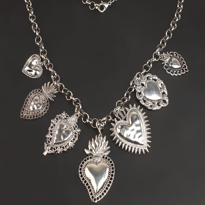 TEMU Bohemian, , Retro, Ethnic Style, Silvery Colour Women's Necklace For Formal Attire, With Multiple Heart Shaped Pendants - , Gifts For