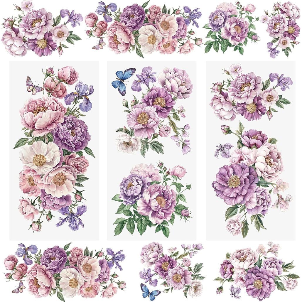 TEMU 3pcs Purple Floral Rub-on Transfer Stickers, Flowers Decals For Scrapbooking, Furniture, Refrigerator, Cabinet, Window - Single Use Paper Material, 15x30cm, Supplies